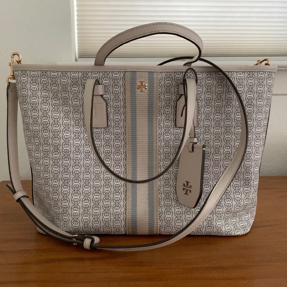 Used Tory Burch White Gemini Chain Link Canvas Small Zip Tote